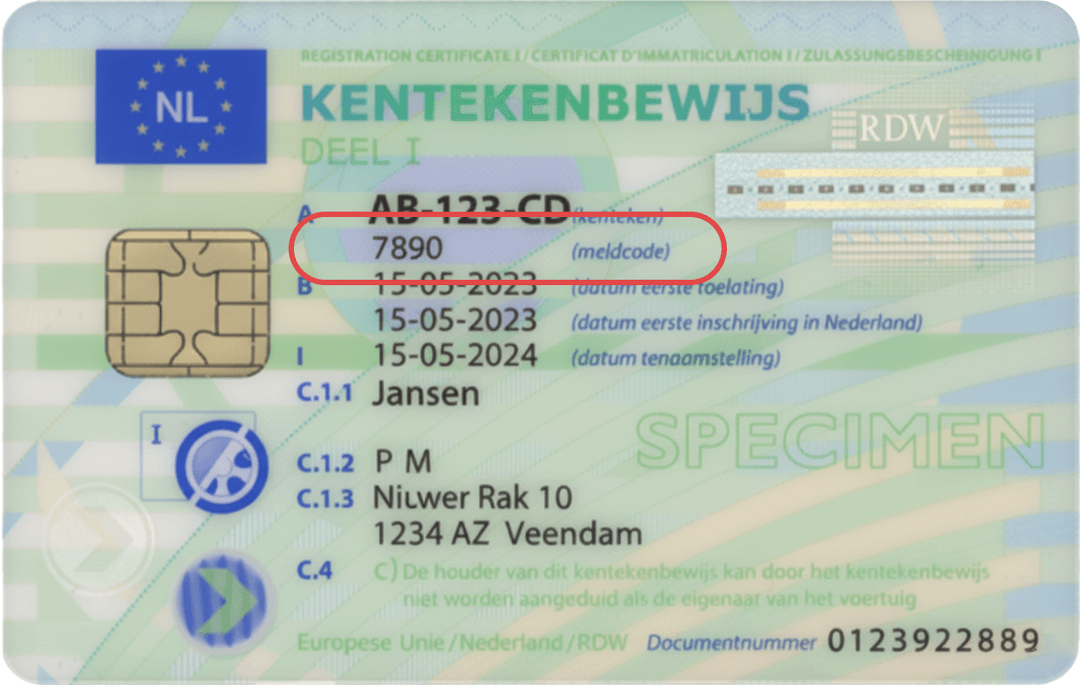 Voorbeeld waar de meldcode op het kentekenbewijs staat